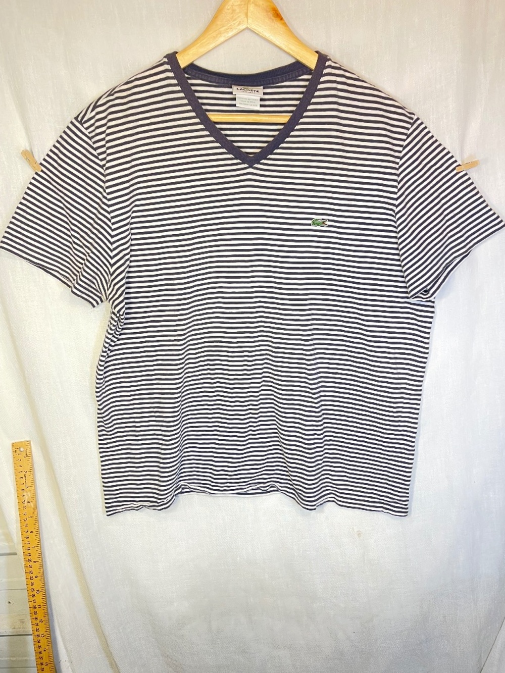 Lacoste Striped V-Neck Tee - Navy & White